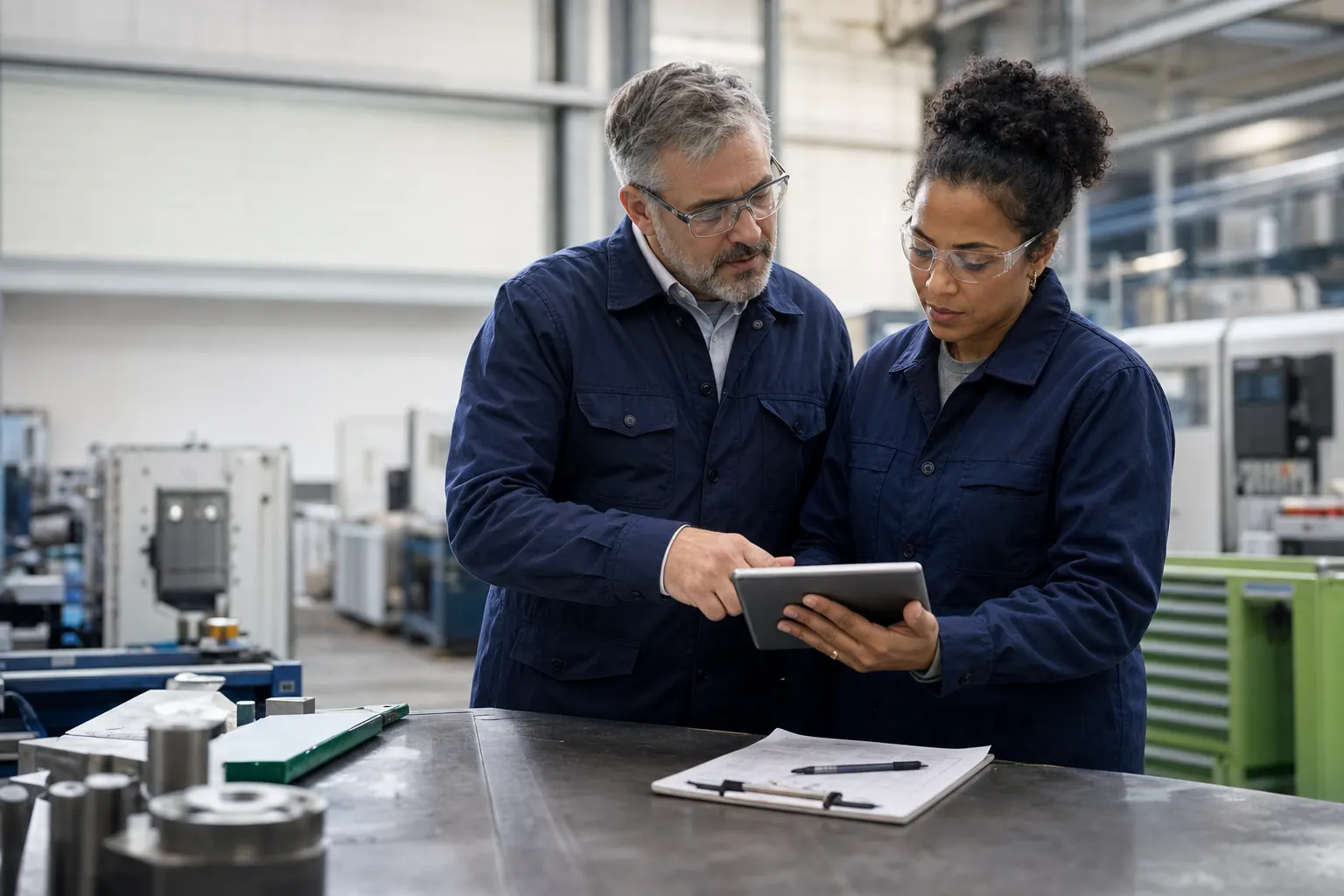 Two quality professionals reviewing operational evidence on a tablet in a manufacturing facility